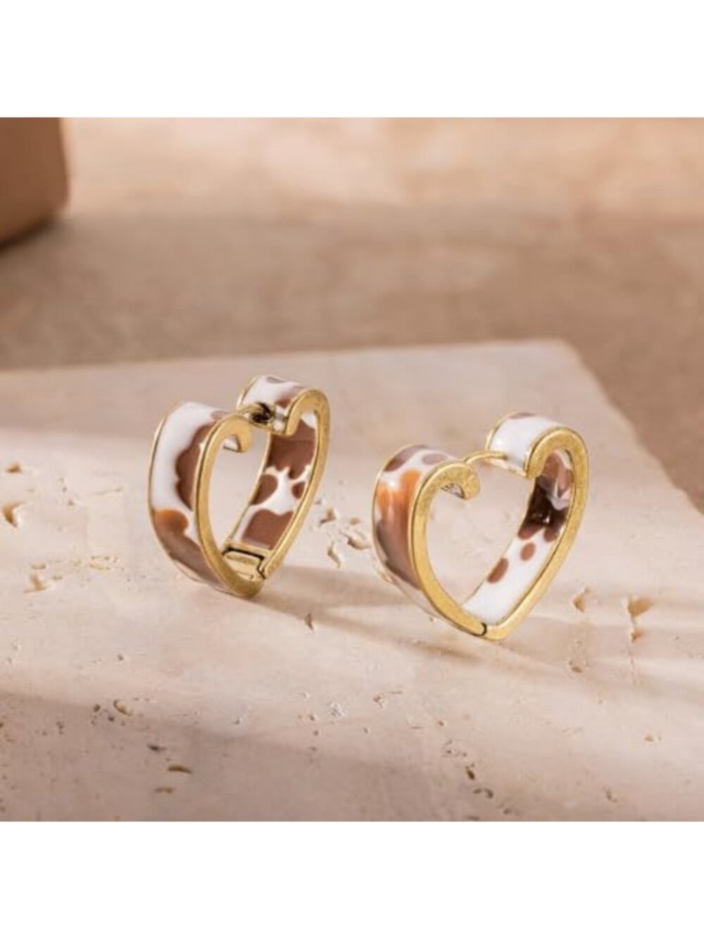 Trendy Cow Print Heart Drop Hoop Earrings for Women | Western-Inspired Jewelry - Picture 3 of 6